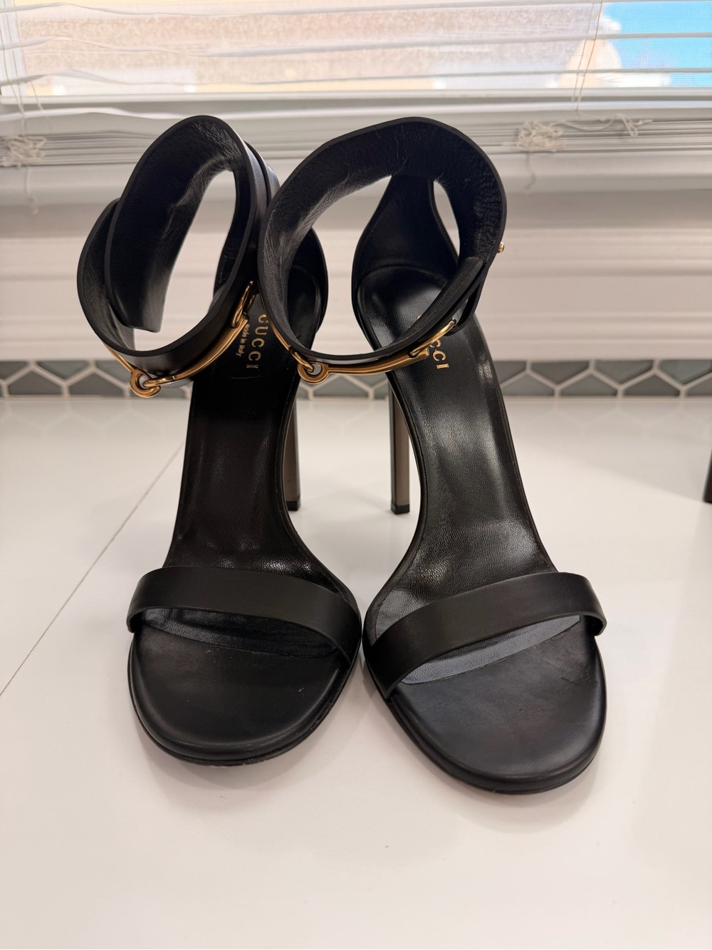 Gucci Black Leather High-Heel Ankle-Cuff Sandals with Gold Buckle - Picture 3 of 14